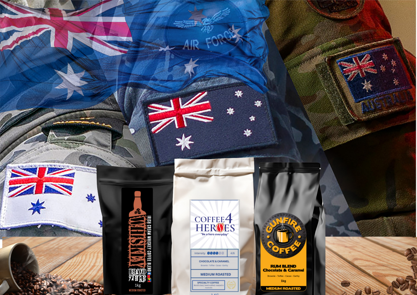 Tri Service Pack Special- 1KG Coffee4Heroes + 1KG Whiskey Bravo Zulu + 1KG Gunfire